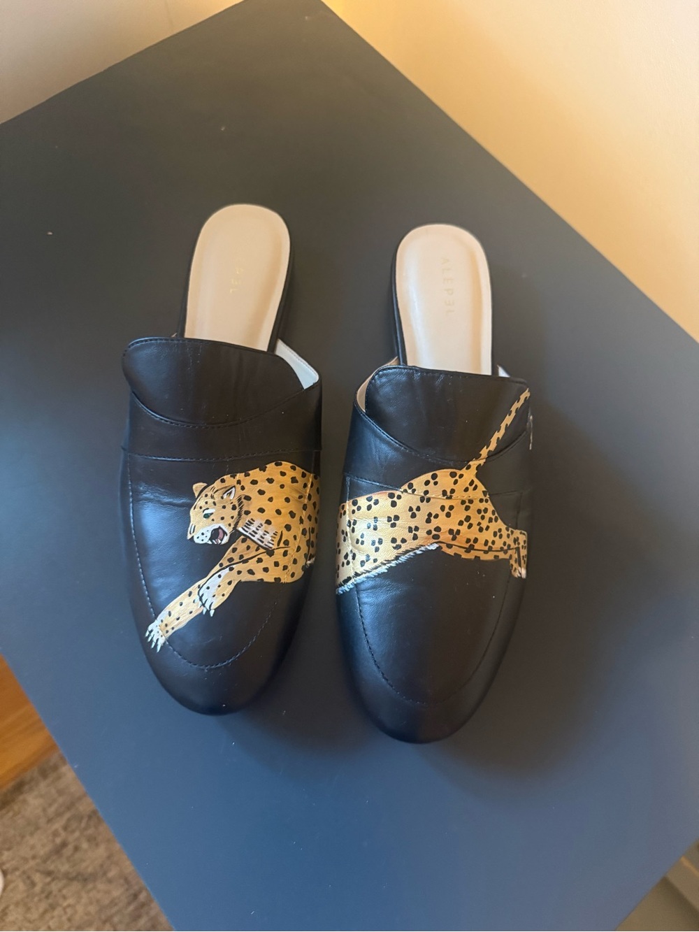ALEPEL Leopard Black Hand-Painted Leather Mules Size 10